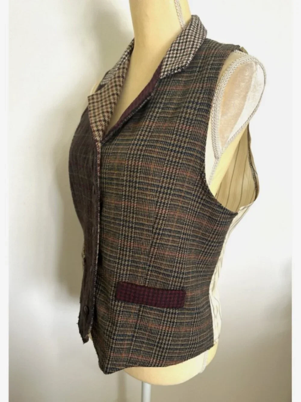 Vintage BONJOUR Vest Brown Wool Tartan Plaid Tweed Patchwork Size Large 80s